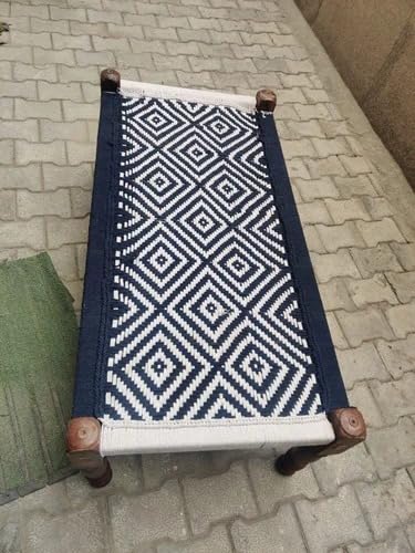 Image of Handwoven Wooden Bench | Traditional Rope Charpai Stool | Solid Wood Frame Seating for Living Room, Balcony & Outdoor | Durable & Stylish Design (Blue & White Finish)