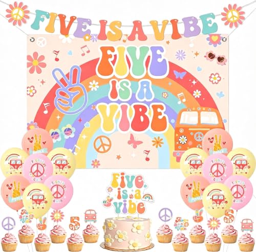 Balterever Five is a Vibe Birthday Party Decorations for Girls Include Groovy 5th Birthday Backdrop Cupcake Cake Toppers for Retro Hippie 60s 70s Five Year Party Supplies