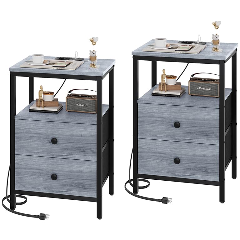 GGWEW Nightstand with Charging Station, Set of 2 Side Tables with 2 Drawers, Small Nightstands with 2 USB Ports and 2 Outlets, Night Stand for Bedroom, Small Spaces, Grrey Oak