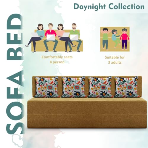 Image of Los Angeles Foldable Four Seater Sofa Cum Bed, Sofa Bed 6 X 6 Feet Jute Fabric Washable Cover- Including Cushion Perfect for Living Room - Golden