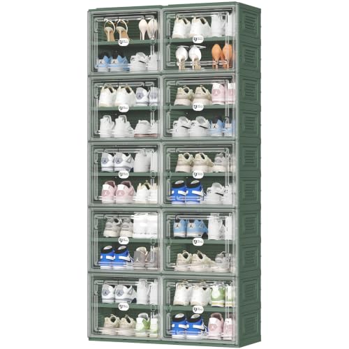 Image of Green Foldable Shoe Storage Cabinet for 40 Pairs with Magnetic Clear Doors, Portable Enclosed Shoe Organizer, 3-Step Quick Assembly for Entryway, Closet, Garage
