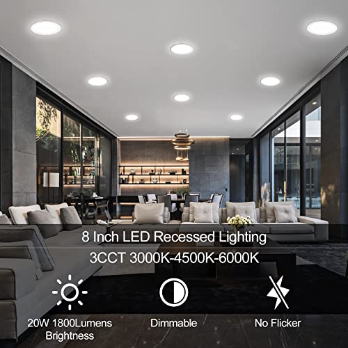 6 Pack 8 Inch LED Recessed Lighting with Junction Box Ultra-Thin, 3000K/4500K/6000K Selectable, 8" Dimmable Canless LED Downlight, 1800LM CRI80 High Brightness 5%-100% Recessed Light… - Image 6