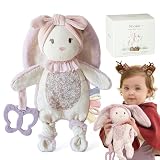 Moonkie Baby Lovey with Silicone Teether, Bunny Security Blanket with Textured Ribbons, Crinkle Toys, Soft Minky Velour & Natural Cotton, Newborn Girl Gift for Baby Shower or Birthday