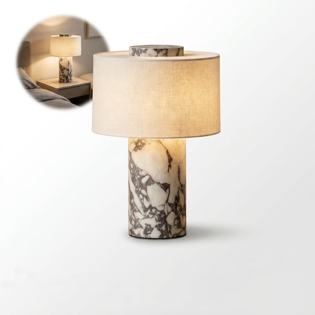 Marble Luxury Stone Table Lamp, Rechargeable Touch Stone Lamp with Linen Shade, Natural Stone Lamps Collection Decorative Light for Bedroom Console Entryway and Bedside