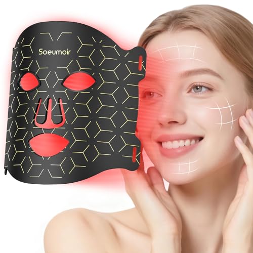 Soeumoir Máscara facial LED, máscara de terapia de luz roja para el acné, reduce las líneas finas y rejuvenecimiento de la piel, 7 modos de luz, infrarrojo cercano de 850 nm, 108 cuentas LED, cuidado