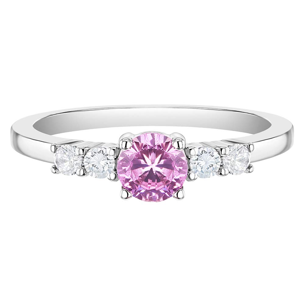 In Season Jewelry925 Sterling Silver Size 2-5 Shiny Pink & Clear Round Cubic Zirconia Ring Band for Baby Girls & Toddlers - Cute Tiny Solitaire Ring for Children - Beautiful Prong Set CZ Rings for Young Girls