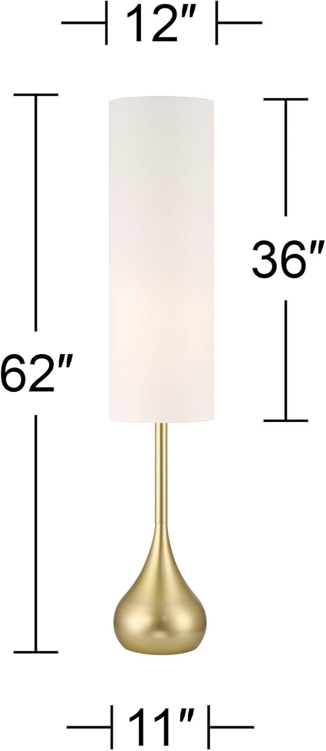 Possini Euro Design Moderne Mid Century Modern 62" Tall Standing Floor Lamp Droplet Foot Switch Metal Soft Gold Finish Living Room Bedroom House Reading Office Home Decor Entryway White Drum Shade