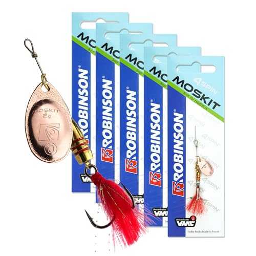 ROBINSON Spinner Angelköder 5er Set mit intensiven Vibrationen & breitem Spinnerblatt - VMC-Drillingshaken & Reizfaden Kunstköder für Hecht Barsch & Forelle (Cooper Sote Größe 0 (2g) - 5 Stück)