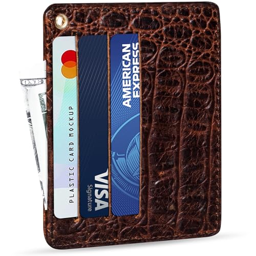Gexmil Genuine Leather Card Holder, Full Grain Leather, Hand-made, 6 Cards Slots, Front Pocket Credit Card Wallet, Minimalist and Light Weight, Crocodile Brown