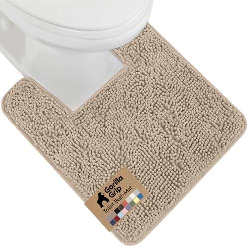GORILLA GRIP Plush Absorbent Shaggy Chenille Bath Rug Mat for Square Toilet Base with Rubber Backing, Machine Washable Rugs, Soft Microfiber Contour Mats for Toilets, Bathroom Decor, Gray Beige