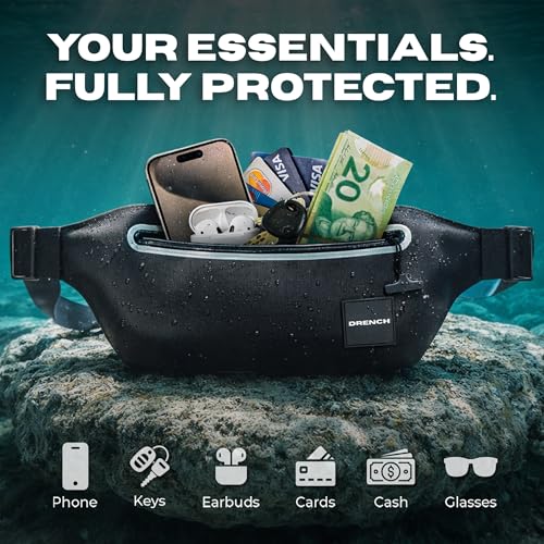 Image of Drench 2-Pack 100% Waterproof Fanny Pack - IPX8 Submersible Dry Bag Waist Pouch & Waterproof Phone Case for Swimming, Boating, Kayaking, SUP & Snorkeling - Underwater Floating Belt Bag Set, Black