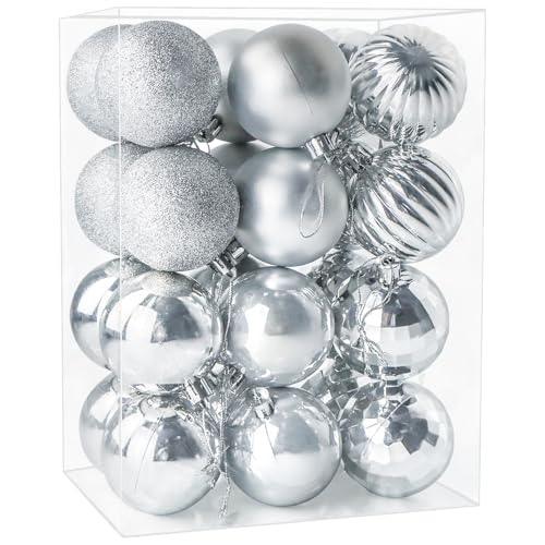 24 Pieces 60mm Christmas Baubles, Christmas Balls Decoration Tree Pendants, Tree Decorations Xmas Hanging Ornaments, Silver