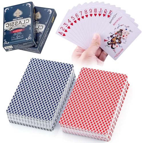 2 Deck Pokerkarten Plastik Rot und Blau Poker Cards Wasserfeste Spielkarten Plastic Playing Cards Poker Karten Kunststoff mit 2 Echzeichen für Blackjack Bridge Canasta Durak Rummy Kartenspiel