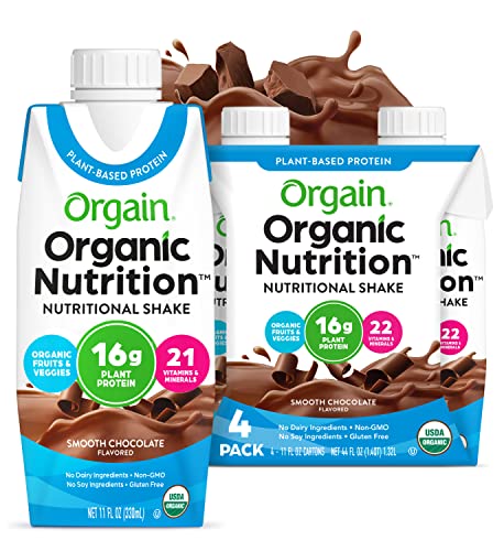 Orgain Organic Vegan Plant Based Nutritional Shake, Smooth Chocolate - Meal Replacement, 16g Protein, 22 Vitamins & Minerals, Dairy Free, Gluten Free, 11 Fl Oz (Pack of 4)