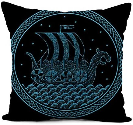 Adowyee Home Decor Linen Throw Pillow Cover 18x18 Inch Viking Ship with Warriors Scandinavian Ornament Storm North Sea Stars Emblem Drakkar Pillowcase Cushion Cover for Sofa Couch