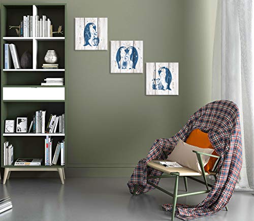 Zlove 3 Pieces Animals Painting Canvas Wall Art Teal Blue Penguin Family Love On Vintage Wood Background For Living Room Bedroom Bathroom Stretched And Framed Ready To Hang 12X12Inchx3Pcs #TOP2