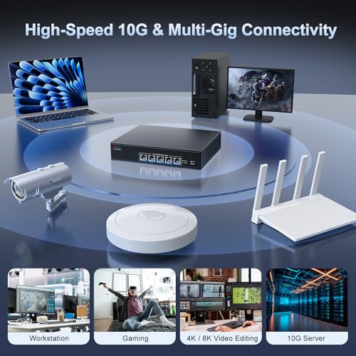 Image of 5-Port 10G RJ45 Ethernet Switch Unmanaged, VunLink 10GBase-T Network Switch,Multi-Gig 10G /5G /2.5G /1G, 100Gbps Capacity, Plug & Play,Desktop /Rackmount, for NAS /PC /Router /Workstation /10G NIC