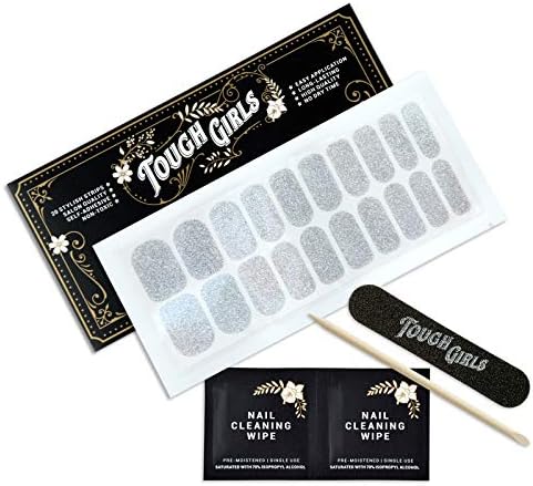 TOUGH GIRLS| Nail Polish Strips | 20 Stylish Strips | Brighter, Thicker, Tougher | Includes Cuticle Stick, Nail File, & Nail Wipes (Silver Sparkles)