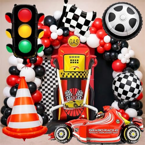 Image of Party Warehouse Racing Car Theme Birthday Decoration Set-XXL Gas Standee Pump Balloon,Car,Traffic Signal,Tyre,Checkered Flag & Cone Foil Balloon|Car Theme Party|Boys Birthday Racing Party Decor-37 Pcs