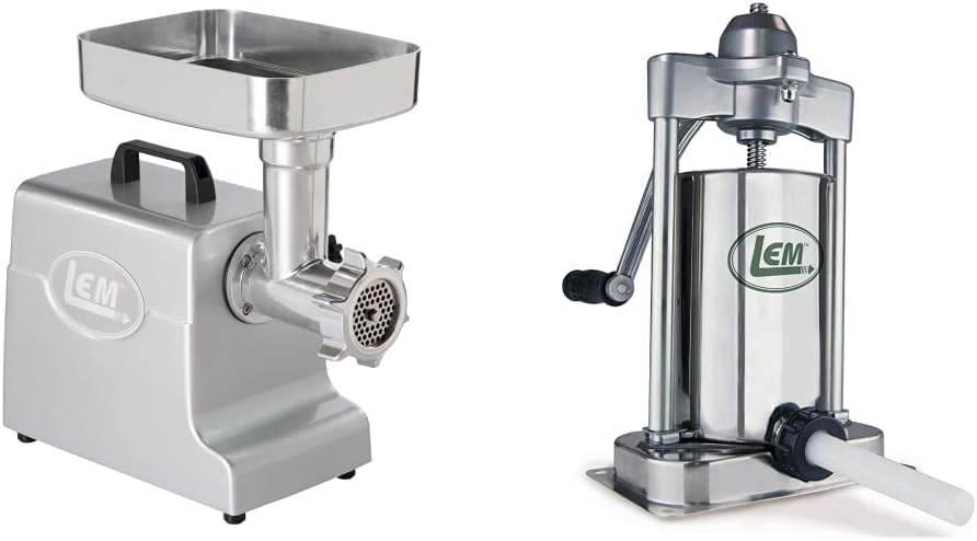 LEM Products 1158 Mighty Bite Electric Meat Grinder, Aluminum & Products 1606 5-Pound Stainless Steel Vertical Sausage Stuffer, silver