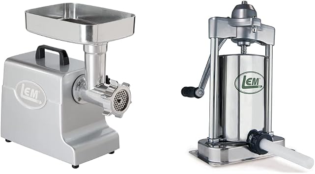 LEM Products 1158 Mighty Bite Electric Meat Grinder, Aluminum & Products 1606 5-Pound Stainless Steel Vertical Sausage Stuffer, silver