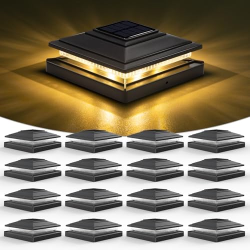 VOLISUN Solar Fence - Post Lights, Solar Cap Light Outdoor Waterproof 16pack, Black Deck Cap Light for 4x4 5x5 6x6 Wooden/Vinyl Post