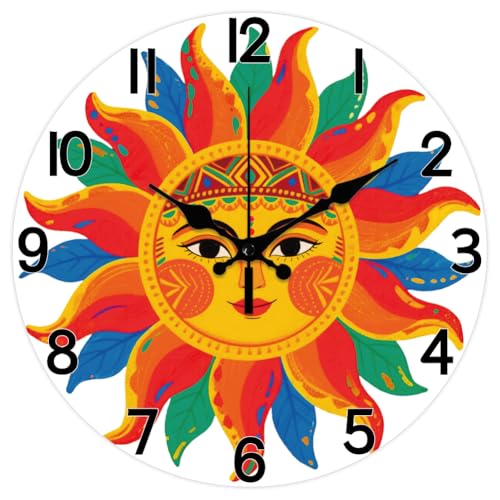 CHGCRAFT Horloge Murale à Motif Soleil Peinte à la Main Style Ethnique sans Tic Tac Ronde Décorative 12(5) cm Imprimée pour la Décoration de la Maison Ou...