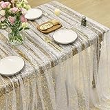 Horaldaily Beige Gold Gauze Tablecloth 60x84 Inch Rectangular, Golden Sequin Glitter Metallic Foil, Sheer Tulle Cheesecloth for Wedding Baby Shower Ceremony Birthday
