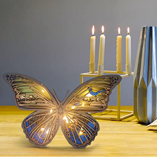 Makeeta Blue Butterfly Wood Carving，Butterfly Wooden Statue Ornament，Home Decor Crafted Figurines，3D Butterfly Silhouette Wall Decor Gift，With Small Light，Great For Family Or Friends #TOP5