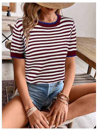 MakeMeChic Women's Striped Crew Neck T Shirt Tops Crew Neck Short Sleeve Knit Tee Top3