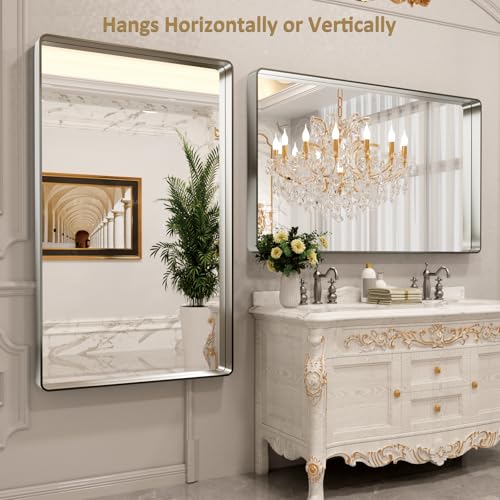 LOAAO 60X28 Inch Brushed Nickel Bathroom Mirror, Rounded Rectangle Silver Metal Frame Mirror, Brushed Nickel, Anti-Rust, Shatter Proof, Hangs Horizontally or Vertically