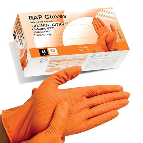 50 Orange Nitrile Disposable Gloves Medium Heavy duty, Diamond Grip Gloves, Latex-Free, Powder-Free, Non-slip, Extra Thick – Ideal For Mechanics, Workshop, and Automotive use.