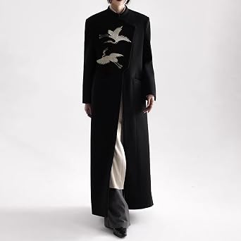 Men's Women's Modal Trench Coat, Wool Coat, Long Sleeve, Embroidered, Crane Pattern, Oversized, Chinese Clothing, Windproof, Work, Spring, Autumn, Chinese Clothing