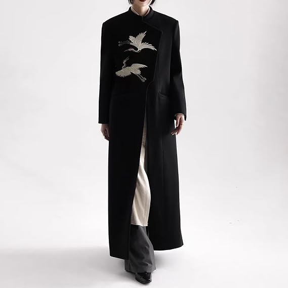 Men's Women's Modal Trench Coat, Wool Coat, Long Sleeve, Embroidered, Crane Pattern, Oversized, Chinese Clothing, Windproof, Work, Spring, Autumn, Chinese Clothing