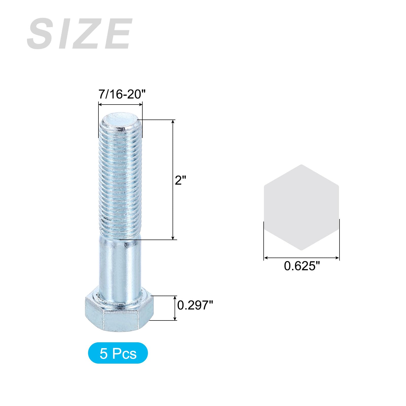 METALLIXITY Hex Bolts (7/16-20 x 2") 5Pcs, Carbon Steel Zinc Plated, UNF Fine Thread, Partially Threaded, External Hex Drive - Image 2