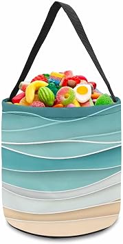 1 PCS Halloween Candy Bucket Trick Or Treat Tote Bags,Blue Beige Water Ripple Portable Grocery Goody Buckets Reusable Candy Basket for Holiday Party Favor