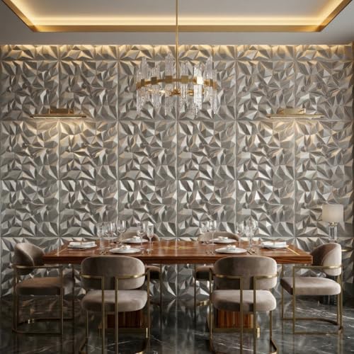 Image of Kayra Decor 3D PVC Wall Panels - Diamond Design, Silver Color | 19.7 x 19.7 Inches | Pack of 12 | Covers 32.28 Sq. Ft. | Wall Decor Panels for Living Room, Bedroom & Office