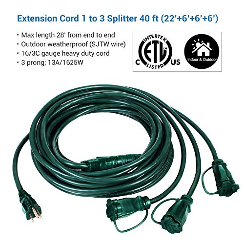 Dewenwils Outdoor Extension Cord 1 To 3 Splitter, 3 Prong Outlets Plugs, Max 28Ft End To End (40 Ft Total),16/3C Sjtw Weatherproof Wire For String Lights Other Appliances, Etl Listed #TOP1