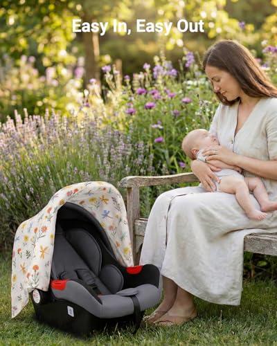Image of Rquite Infant Car Seat Cover for Babies Girls, 100% Muslin Cotton Carseat Canopy, Breathable Stroller Sun Shade, Baby Shower Gift & Newborn Essentials, Universal Fit Summer & Hot Weather (Floral)