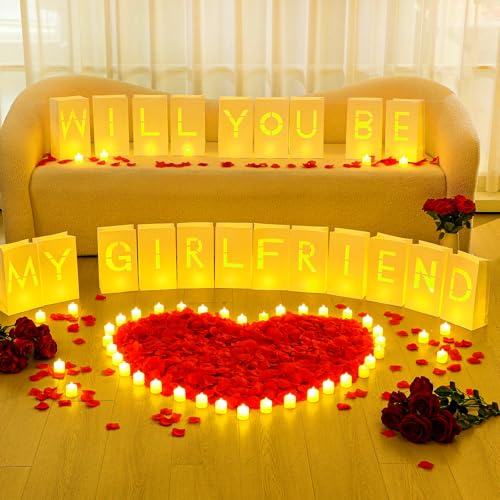 Aurelema 6093 Pcs Will You Be My Girlfriend Light up Letters with LED Flameless Tealight Candle Red Rose Petal Letter Luminary Paper Bag for Proposal Decoration Romantic Special Night Decor