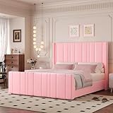HOMBCK Queen Bed Frame Pink Upholstered Bed with Vertical Channel Tufted Headboard & 22' Footboard, Noise Free/Wooden Slats/Noise Free/No Box Spring Needed/Easy Assembly