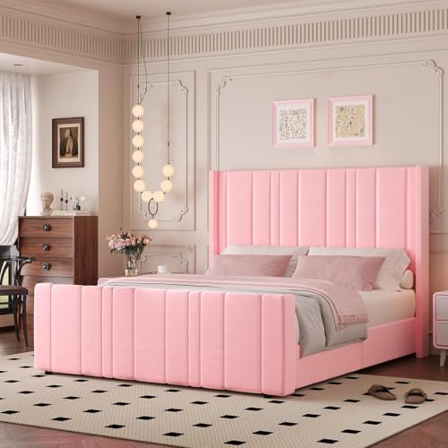 HOMBCK Queen Bed Frame Pink Upholstered Bed with Vertical Channel