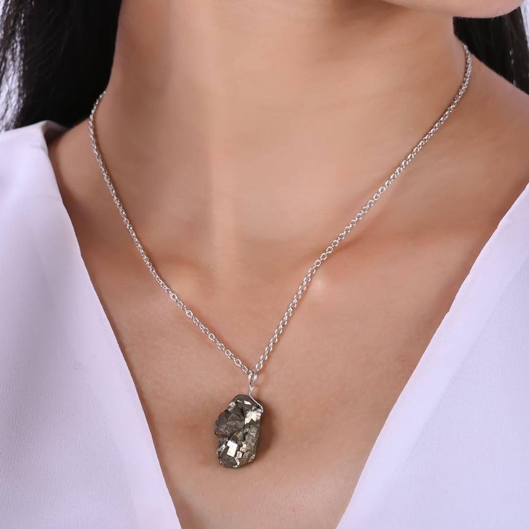 Gempires Natural Pyrite Stone Pendant Necklace Raw Crystal Gemstone Jewelry Hypoallergenic 18 Inch Silver Plated Handmade Minimalist Necklaces
