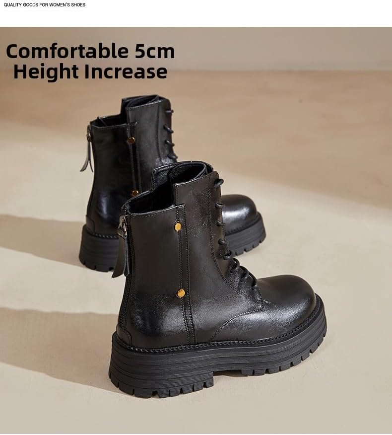 Women's Platform Combat Boots, Lace Up Ankle Boots, Vintage British Style, Genuine Leather, Chunky Sole Boots - Image 3