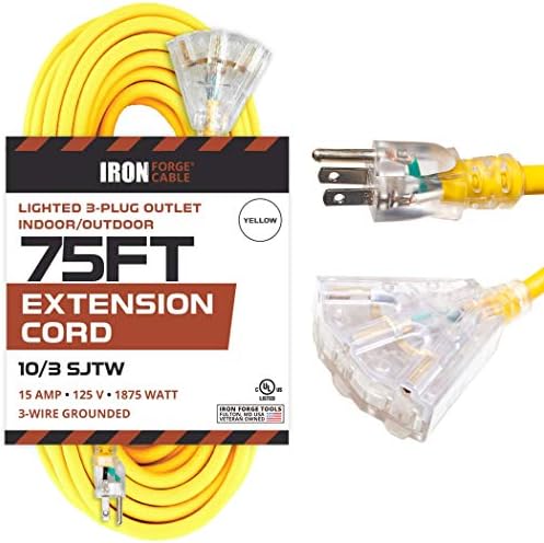 Iron Forge 75 ft 10 Gauge Extension Cord with 3 Outlets, Heavy Duty Extension Cord with Multiple Outlets 75ft Outdoor with 3 Prong Lighted Plug, 10ga Weatherproof Electric Cord SJTW, US Veteran Owned