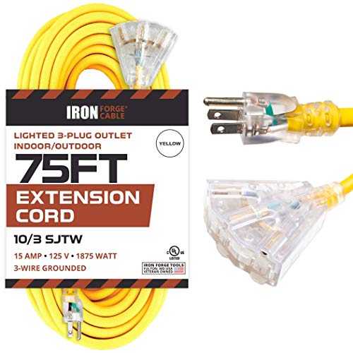 Iron Forge 75 Ft 10 Gauge Extension Cord With 3 Outlets, Heavy Duty Extension Cord With Multiple Outlets 75Ft Outdoor With 3 Prong Lighted Plug, 10Ga Weatherproof Electric Cord Sjtw, Us Veteran Owned #TOP4
