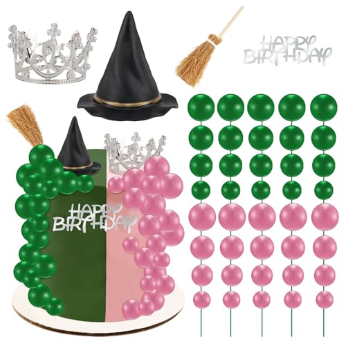 44 Pieces Pink and Green Cake Decorations with Mini Black Witch Hat Silver Crown Broom Balloons Happy Birthday Cake Topper for Girls Women Princess Witch Birthday Party Decorations Supplies