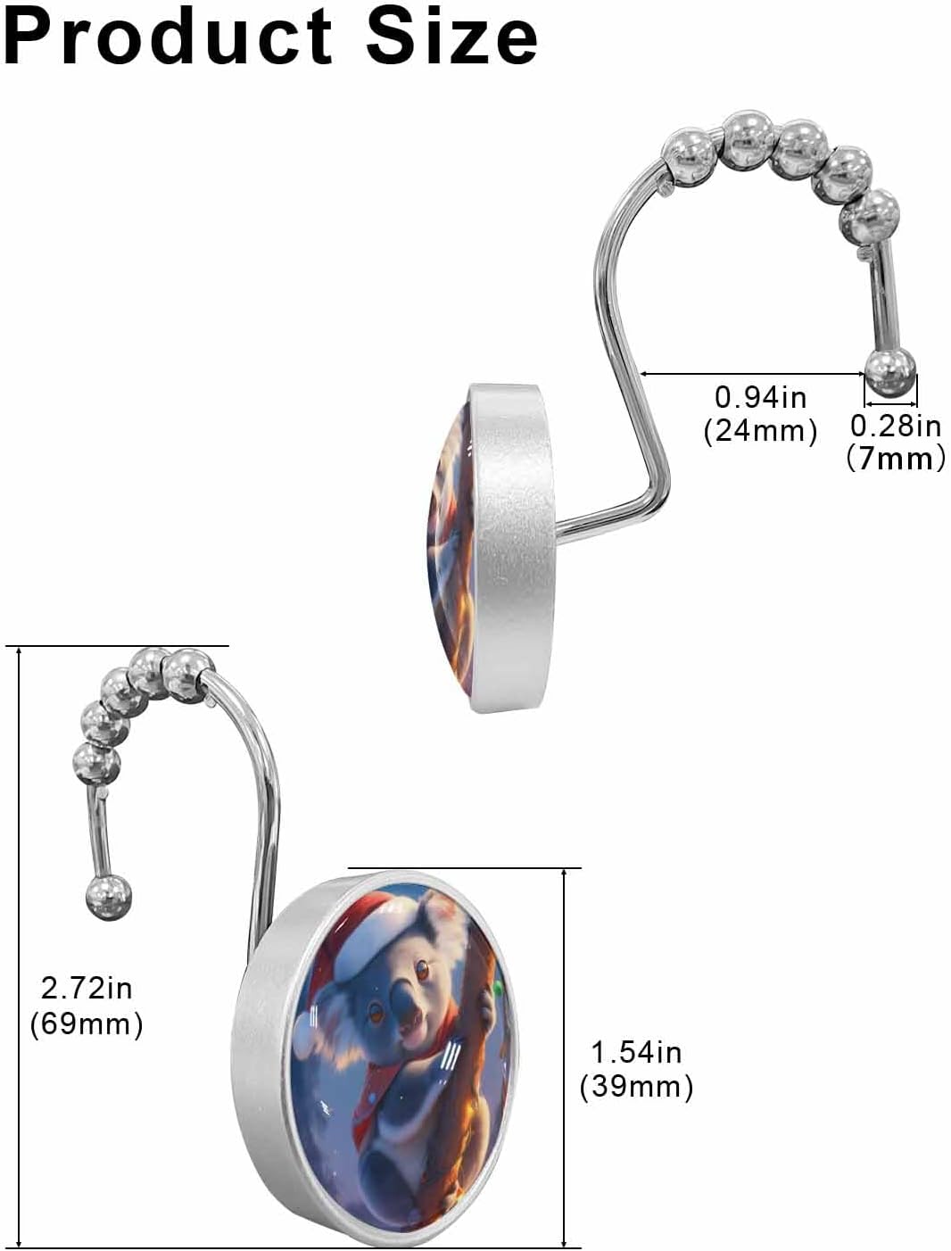 Shower Curtain Hooks 12 Pcs Winter Christmas Night Koala Santa Hat Xmas Coloured Lamps Stainless Steel Rust Proof Rolling Shower Curtain Rings, Decorative Shower Curtain Hooks Hangers for Bathroom