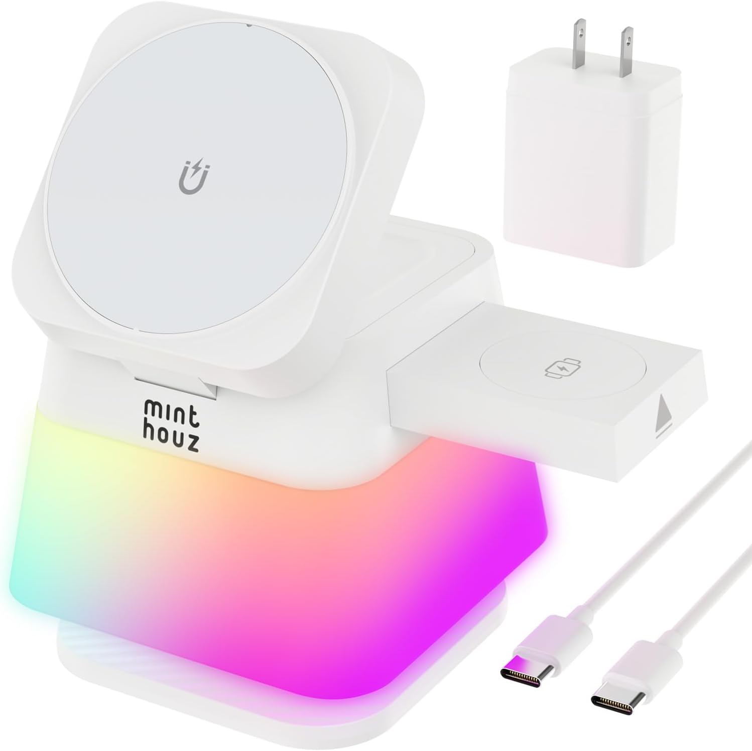Minthouz 3 in 1 Charging Station for iPhone, Wireless Charger for Apple, MagSafe Charger with Night Light, 360° Rotation, Compatible with iPhone 16, 15, 14, 13, 12 Pro, Apple Watch & AirPods Pro 4/3/2