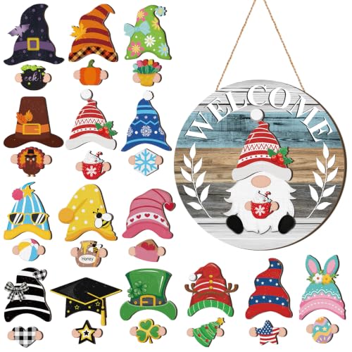 Qunclay Cute Seasonal Interchangeable Wooden Gnome Decor Summer Christmas in July Gnome Decorations with Magnet Pieces and Detachable Hats Hanging Welcome Sign